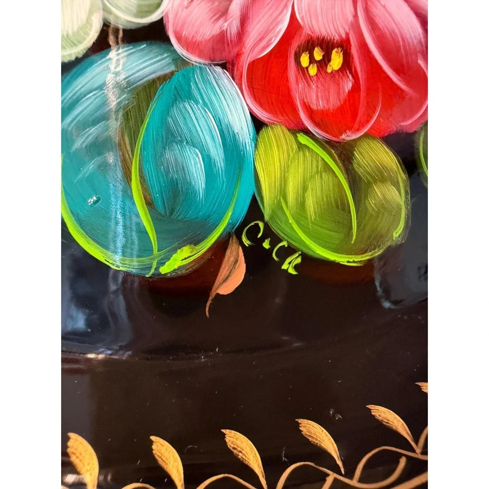 Vintage Black Tole Floral Tray - Hand‎ Painted with Stand